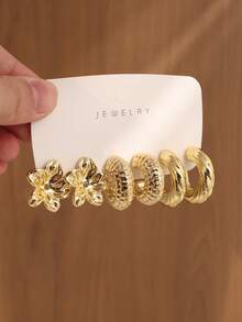 4/6/16pcs Exaggerated Eternal Flower C-Shaped Left & Right Flower Earring Set, Suitable For Daily And Festival Wear, Made Of ABS Resin With UV Non-Fading Technology - Gold - View 3