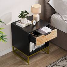 Modern Bedside Table With One Drawer And One Open Compartment, Suitable For Living Room, Bedroom And Hallway, 43 X 40 X 55 Cm, 1 Piece - Black + Natural Color + Medium Density Fiberboard - View 3