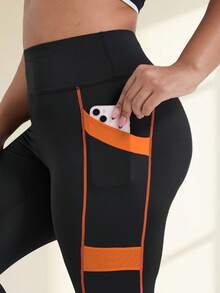 Plus Size Women High Waist Lifting Yoga Pants, Contrast Color Design, Side Pockets, Tight Fit Leggings For Running, Training, Casual Sports - Orange - View 3