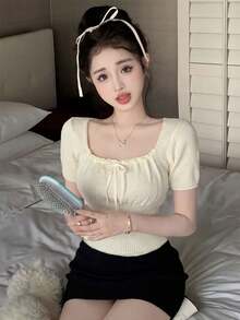 New Spring/Summer Sexy Ribbed Knit Crop Top With Drawstring, Square Neck, Fitted Silhouette - Apricot - View 5