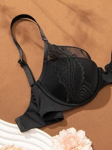 Push Up Bra Padded Mesh T-Shirt Bra - Black - View 8