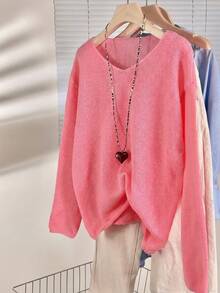 Wixra New Loose V-Neck Knit Sweater, Soft & Breathable Early Spring Top For Women - Hot Pink - View 1