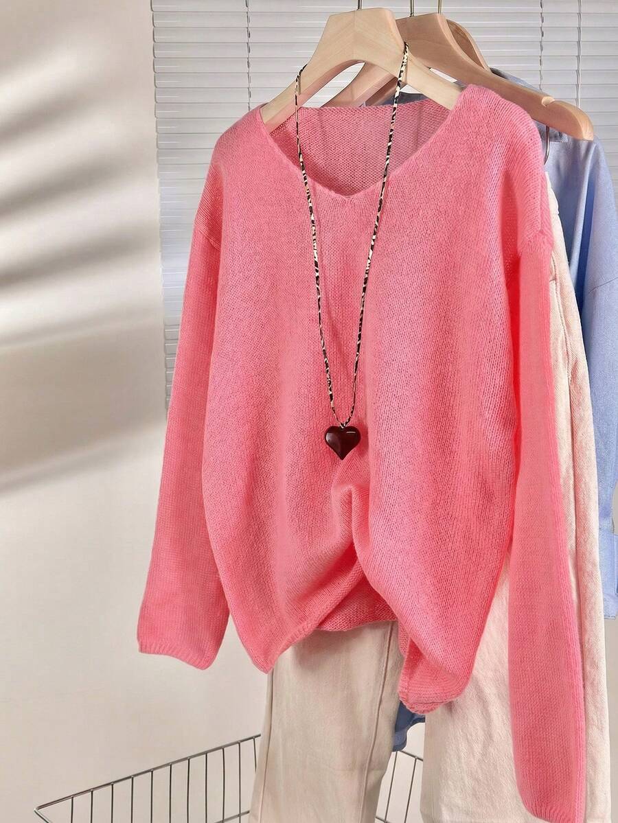 Wixra New Loose V-Neck Knit Sweater, Soft & Breathable Early Spring Top For Women - Hot Pink - View 1