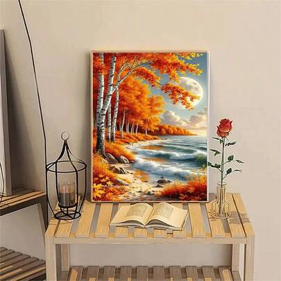 Bộ tranh đính kim cương 5D tự làm, tranh nghệ thuật khảm kim cương tròn độc đáo bằng acrylic, thiết kế chủ đề rừng bạch dương ven biển mùa thu, thích hợp để trang trí tường, phòng khách, phòng ngủ, văn phòng, món quà thủ công sáng tạo hoàn hảo cho kỳ nghỉ lễ (không khung)