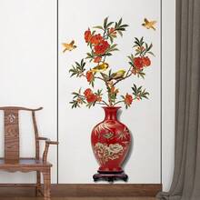 1件中式红色花瓶与花鸟墙贴，可移除石榴花墙贴，防水东方装饰，适用于客厅和玄关墙面 - 均碼 - 查看 3