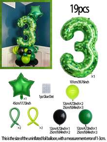 19pcs 40-Inch Green Plaid 0-9 Number Balloons, 18-Inch Pentagram Balloons, 5-Inch & 10-Inch Black, Olive Green, Milky Green Latex Balloons, Suitable For Theme Parties, Birthday Party Decorations - Multicolor - View 5