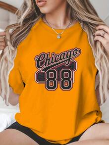 Nueva camiseta de moda para primavera y verano para chicas en talla grande - CHICAGO 88 Camiseta estampada de talla grande para mujer, top casual de manga corta y cuello redondo, adecuada para primavera y otoño, ropa de talla grande a la moda. - azul real - Ver 10