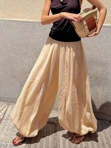 Quần ống rộng dáng suông, cạp chun co giãn, thích hợp mặc mùa xuân cho nữ. - Màu be - Xem 5