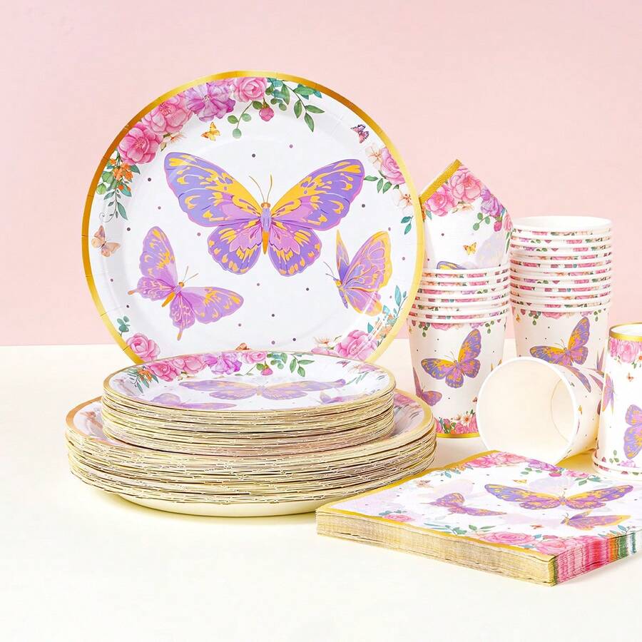 Gold Rim Gold Butterfly Disposable Tableware Set, 7/9 Inch Party Plates, Disposable Paper Plates, Cups, Napkins, Suitable For Holidays, Weddings, Engagements, Birthdays, Parties, Celebrations - Multicolor - View 1