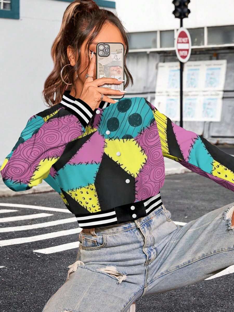 Women Baseball Jacket Sally's Patchwork Big Size Hoodie Nightmare Before Christmas Long Sleeve Unique Halloween Inspired Print Gothic Aesthetic Colorful Pattern Tee Youth Fashion Winter Outerwear Fashion Comfort Apparel Cozy Seasonal Top Chic Fall Style - Multicolor - View 1