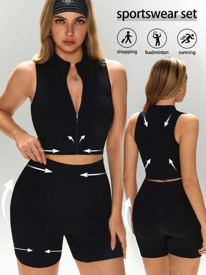 1 Set Spring/Summer New Short Camisole Set, 2-In-1 With Cup Holder Zipper Design, Casual Layering Piece For Indoor/Outdoor Wear, Waist Cinching, Butt Lifting, Versatile Yoga/Activewear Outfit