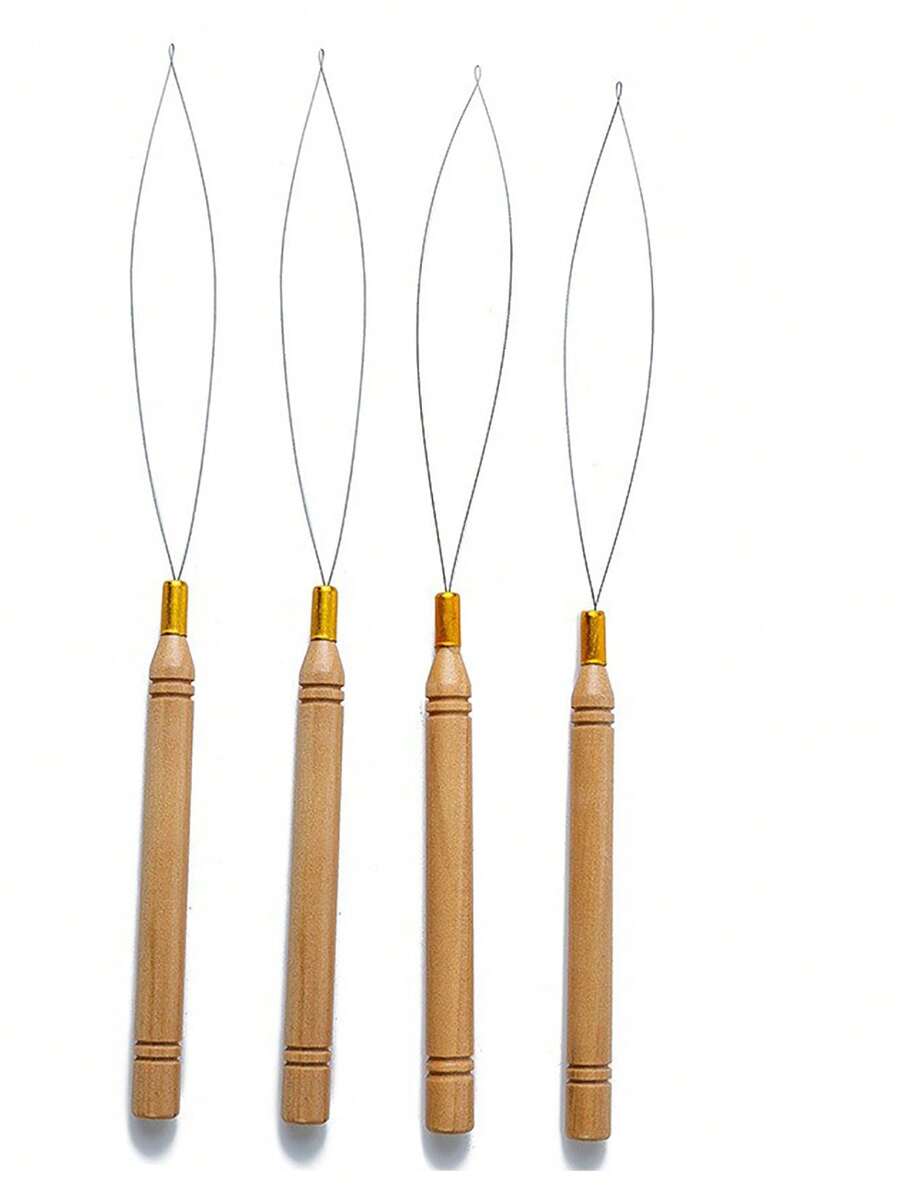 3pcs Hair Extension Tool Kit - Bead Threader, Feather Plier, Pulling Hook, Wooden And Stainless Steel - Apricot - View 1