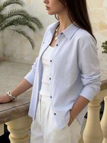 Women's Casual Woven Dolman Shirt, Collared, Button Front Spring - Baby Blue - View 3