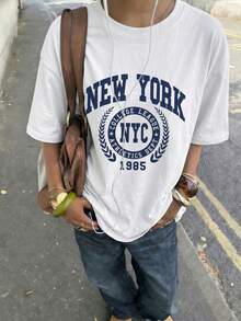 女款寬鬆版型 NEW YORK NYC 印花 T-shirt，經典校園風印花，Y2K 休閒街頭風，夏季日常上衣 白色 - 白色 - 查看 8