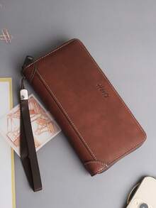 Men's Black Faux Leather Long Wallet - Detachable Wrist Strap, Zipper Closure, Fits Phone, Multiple Card Slots, Spacious For Daily Use - Khaki - View 1