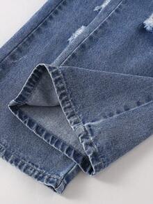 1 chiếc quần jeans nữ kiểu dáng thường ngày, phong cách đường phố, họa tiết trái tim, cạp chun, ống đứng, rách nhẹ, thích hợp cho mùa xuân/thu. - Rửa tối - Xem 7