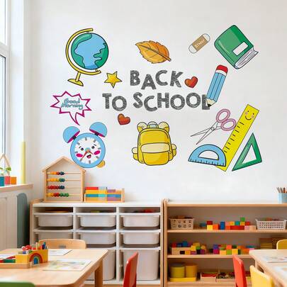 1pc Back To School Removable Cartoon School Supplies Wall Sticker, Waterproof Educational Decor For Classroom And Children's Room