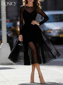 DONICY 优雅黑色薄纱网纱长裙，适合春夏婚礼或晚宴，采用长款薄纱袖和V领设计，是正式场合、情人节、狂欢节和其他庆祝活动的完美之选。 - 黑色 - 查看 3