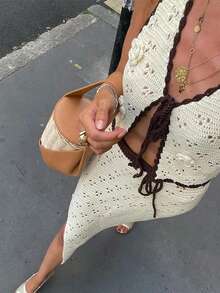 休闲镂空针织开衫无袖系带上衣搭配开衩裙套装，适合夏季海滩度假 - 杏色 - 查看 4