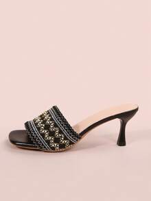 Square Toe Vintage Embroidered Fashionable Versatile High Heel Sandals, Suitable For Commuting, Dating, Business Wear In Summer - Black - View 2
