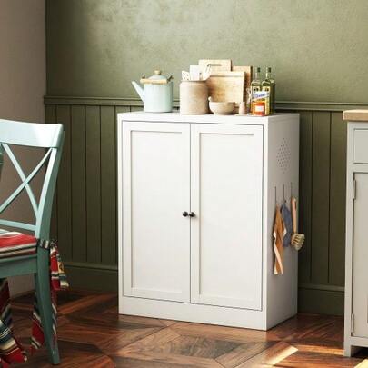 88 Cm High, Freestanding Storage Shelf In White Metal – Kitchen Cabinet With Height-Adjustable Shelves, Ergonomic Handles, Assembly Required, Space-Saving Kitchen Storage.