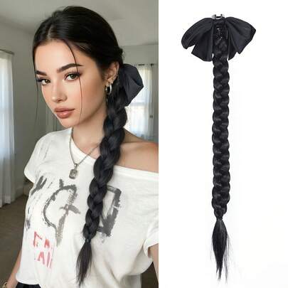 22-Inch Black Bow Braided Ponytail Wig For Women, Clip-On Style, Long Braided Ponytail, New Fashion Sweet And Cool Braided Ponytail, Available In Multiple Colors, Made Of High-Temperature Resistant Fiber, Anti-Frizz And Easy To Wear, Suitable For Daily Styling