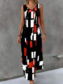 Plus Size Pocket All Over Print Summer Dress Vacation Casual Daily Wear Spring Summer Outfits Sleeveless Geometric Print Long Dress Elegant - Multicolor - View 5