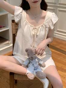2pcs Spring/Summer New Square Neck Camisole & Shorts Pajama Set, Casual Solid Color Comfortable Sleepwear, Loungewear | Cute Pajama Set | Easy Care Fabric - Champagne - View 10
