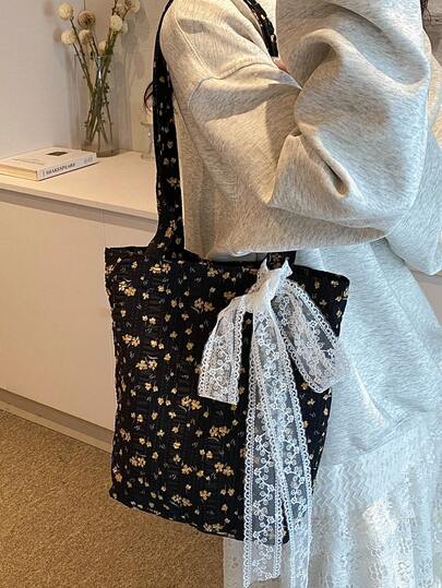 Floral Casual Student Shoulder Bag, Large Capacity Textbook Bag, Lace Decor, Countryside Style