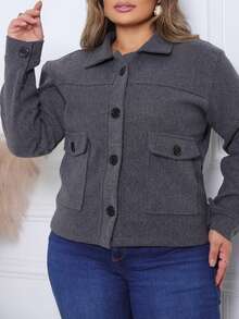 Women's Casual Jacket, Wool-Type Fabric, Pockets, Buttons On The Front, Suitable For Everyday Cold Weather. - 深灰色 - 查看 5