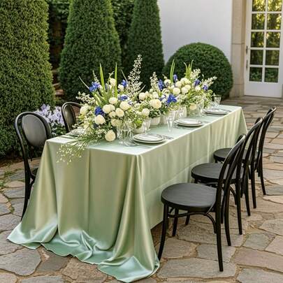 1件缎面桌布，光滑亮泽的涤纶面料，适用于各种桌子，易于清洁且可重复使用，是婚礼装饰、户外派对、餐厅和家庭聚会的理想之选（鼠尾草绿）