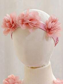 女嬰粉色3D花朵公主禮服蛋糕裙，附頭飾，適合兒童生日、花童、婚禮、重要場合及節日慶祝服飾 - 粉色 - 查看 6
