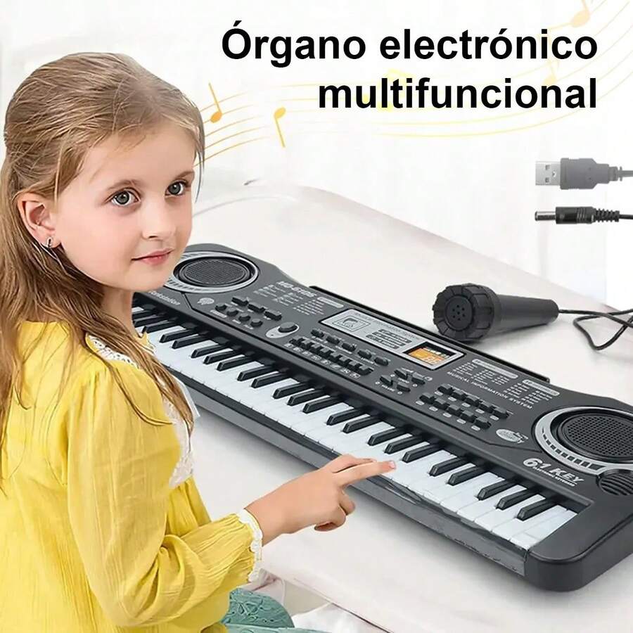 Las opciones de instrumentos populares incluyen un teclado electrónico multifuncional de 61 teclas, una herramienta educativa para principiantes, perfecta para que los principiantes practiquen la destreza y la coordinación de los dedos. - Negro - Ver 1