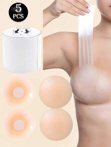 1 Roll Invisible Lift Tape, 4pcs Nude Silicone Nipple Covers, Waterproof Silicone Nude Nipple Pasties For Men & Women - Multicolor - View 1