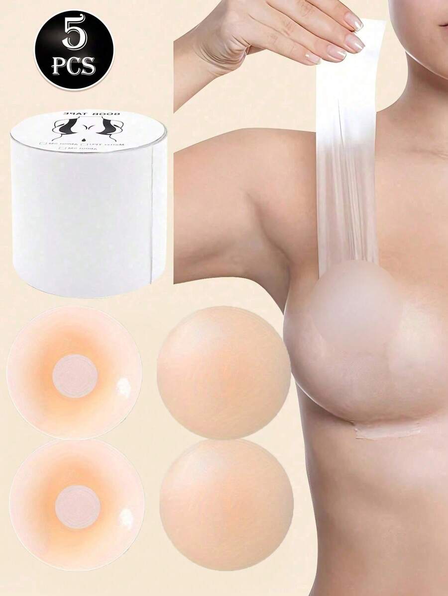 1 Roll Invisible Lift Tape, 4pcs Nude Silicone Nipple Covers, Waterproof Silicone Nude Nipple Pasties For Men & Women - Multicolor - View 1