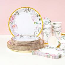 Bộ đồ dùng ăn uống dùng một lần họa tiết hoa đỏ và vàng kim, đĩa tiệc 7/9 inch, đĩa giấy, cốc, khăn ăn dùng một lần, thích hợp cho các dịp lễ, đám cưới, lễ đính hôn, sinh nhật, tiệc tùng, lễ kỷ niệm. - Nhiều màu - Xem 1