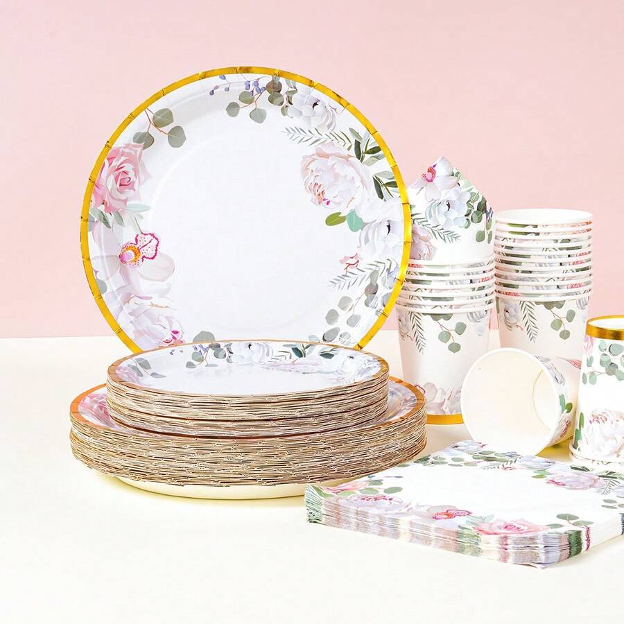 Bộ đồ dùng ăn uống dùng một lần họa tiết hoa đỏ và vàng kim, đĩa tiệc 7/9 inch, đĩa giấy, cốc, khăn ăn dùng một lần, thích hợp cho các dịp lễ, đám cưới, lễ đính hôn, sinh nhật, tiệc tùng, lễ kỷ niệm. - Nhiều màu - Xem 1