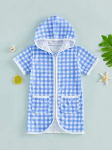 Girls Boys Gingham Hooded Terry Coverups Kid One Piece Swimsuits Summer Zip Up Short Sleeve Ruffle Swim Cover Up Beachwear - 藍色 - 查看 5