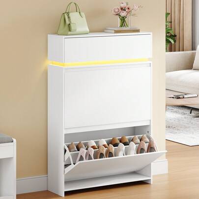 HEXCELEN Szafka na buty, wąska półka na buty z oświetleniem LED, półka na buty, regulowana, mieści 16 par butów, 2 drzwi (75W cm), schowek na buty do przedpokoju, biały