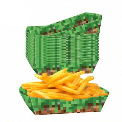 Minecraft 10pcs/20pcs/50pcs Pixel Theme Party Food Trays, Brown & Green Theme Trays, Practical Paper Food Snack Plates, Party Favors, Snack Boxes, Birthday Decor, Theme Party Supplies, Video Game Birthday Party Accessories