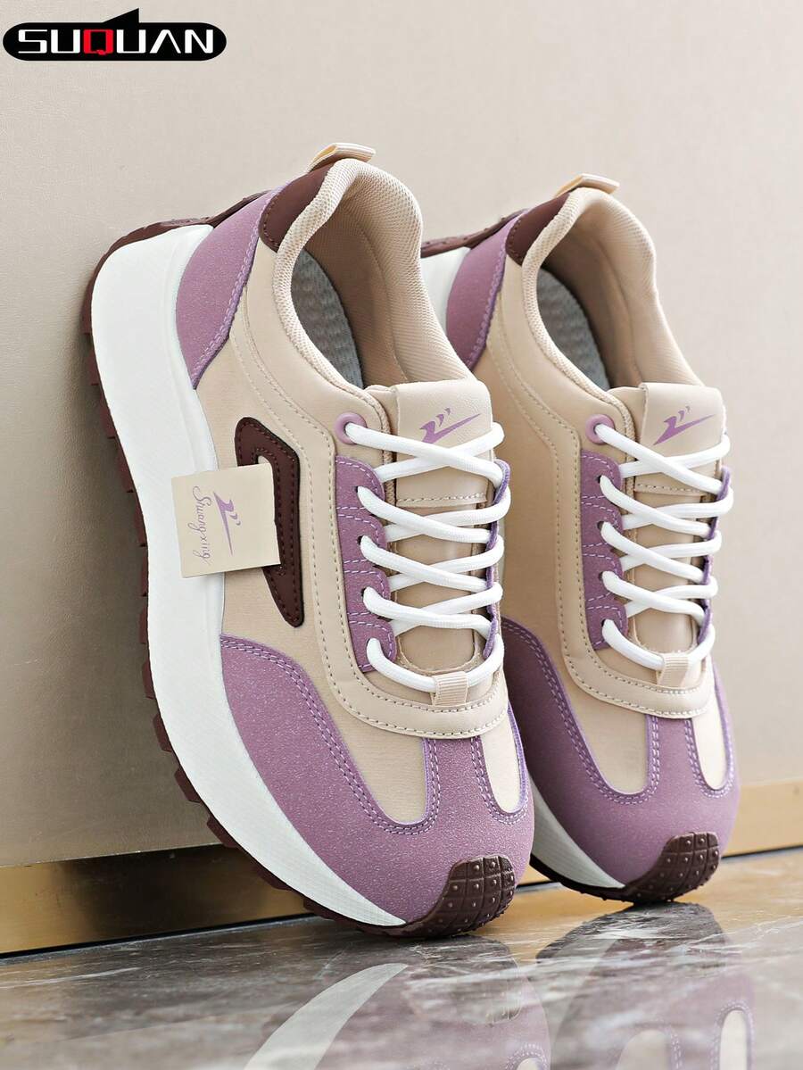 New Women's Contrast Color Thick Sole Casual Shoes, Soft & Shock-Absorbing, Breathable & Skin-Friendly, Height Increasing, Versatile For Commuting, Outing, Dating, Shopping, Daily Wear, Fashionable Shoes For Young Girls, Popular Student Casual Shoes, Non-Slip , Easy To Maintain - Purple - View 1
