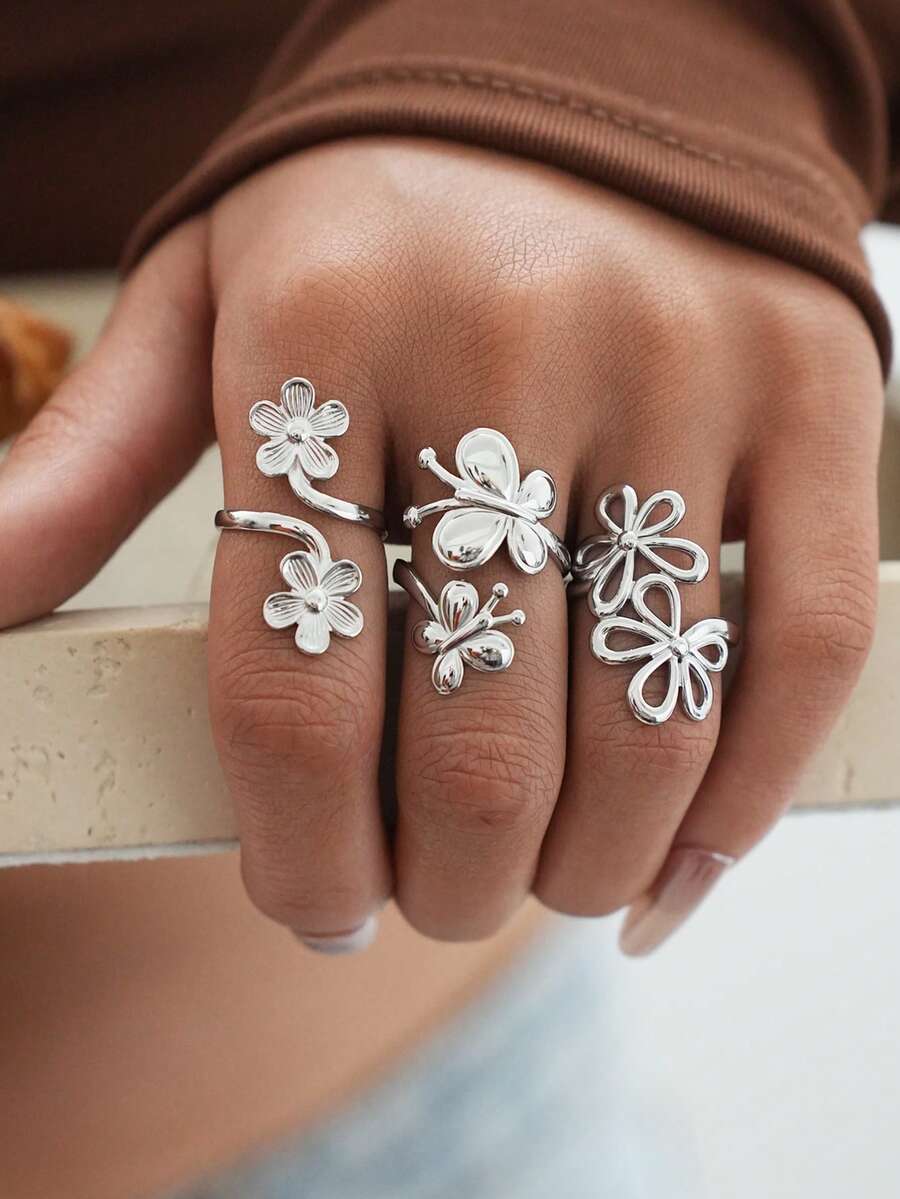 Frminee 3 Stücke/1 Stück Boho-Stil Blumen & Schmetterling Edelstahl Ring Set, Statement Ringe, verstellbare goldfarbene Ringe, geeignet für den täglichen Gebrauch, Urlaub und als Geschenk