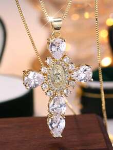 女士全钻圣母玛利亚十字架项链，欧美创意个性化吊坠，节日礼物 - 白色 - 查看 1