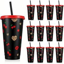 12pcs Cheetah Cherry Party Cups Red And Black Leopard Print Themed Cups With Lids And Straws 24 Oz Reusable Plastic Tumbler Bachelorette Cheetah Cherry Birthday Party - View 2