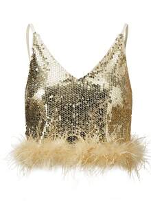 Women's Y2K Fuzzy Fluffy Halter Triangle Crop Top With Mini Skirt Two Piece Set For Party - Gold - View 7