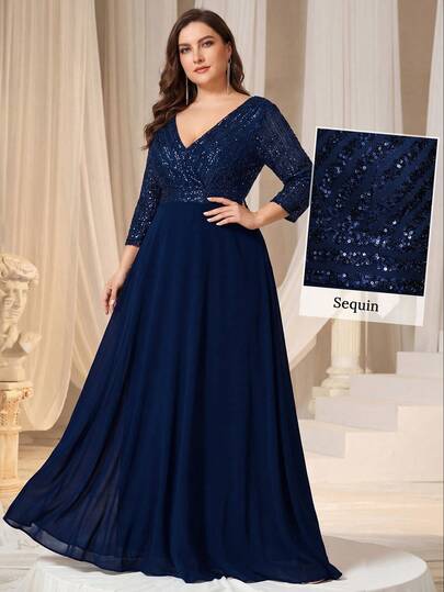 EVERPRETTY 大码V领亮片撞色雪纺藏蓝色晚礼服，正式婚礼宾客礼服，毕业典礼晚宴，新娘母亲礼服，春季派对优雅礼服