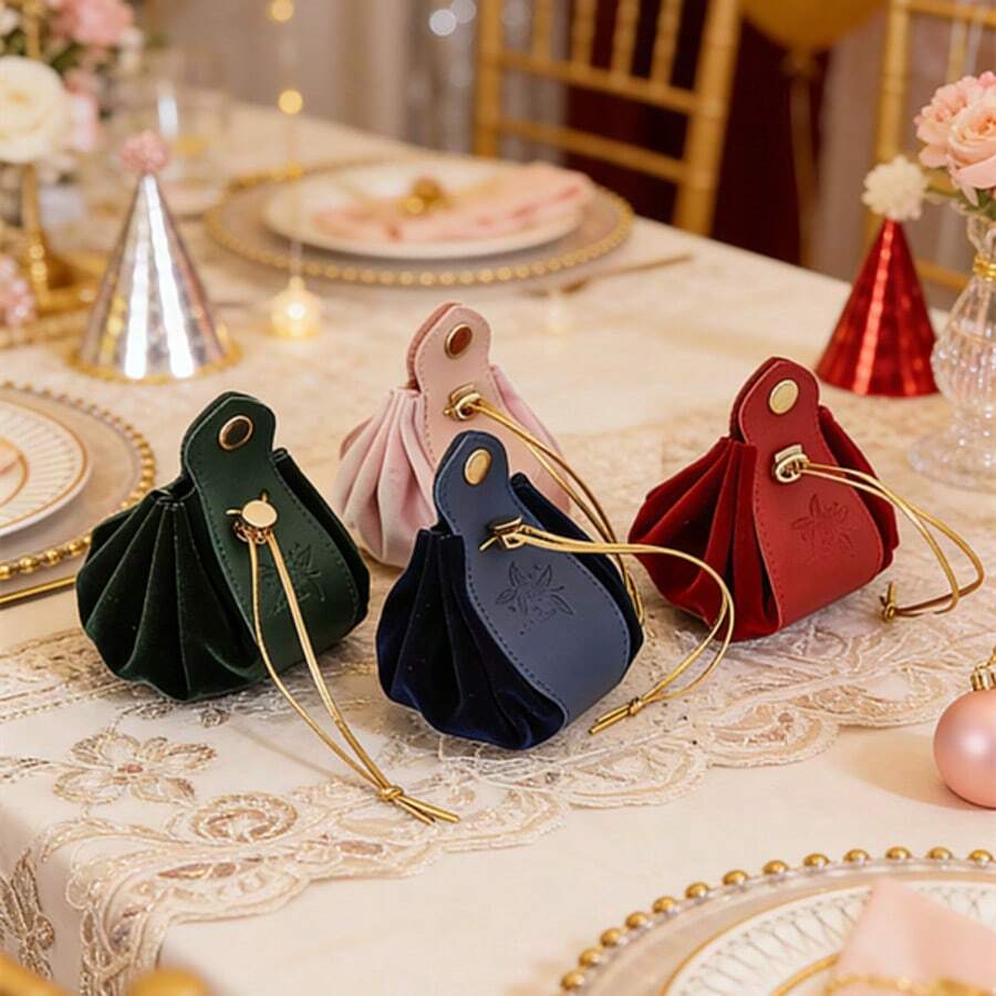 5 piezas/paquete Bolsas de regalo de terciopelo, Bolsas de regalo de terciopelo con asa de cuero, Bolsitas con cordón de terciopelo de alta gama para favores de boda, fiesta o cumpleaños - Multicolor - Ver 1