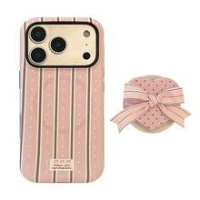 GUCADI Cream Striped Heart-Shaped Bow 17 Pro Max Phone Case, Suitable For 16 Magnetic Stand 15, Korean Sweet, Girly, Creative, Geometric, Minimalist, Contrast Color, Niche, Ins Style - 粉色 - 查看 4