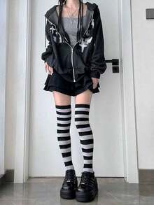 Women's Striped Over-The-Knee Socks, Fashionable Colorful Stripes, Long Socks, Girls' Socks, Party Socks, Dance Socks, Punk Style, Rock Star Style, Suitable For Daily Wear, Y2k, Comfortable. - 紫色和黑色條紋 - 均碼 - 查看 6