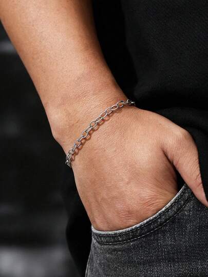 1件装时尚简约细链手链，银色不锈钢低调男士饰品